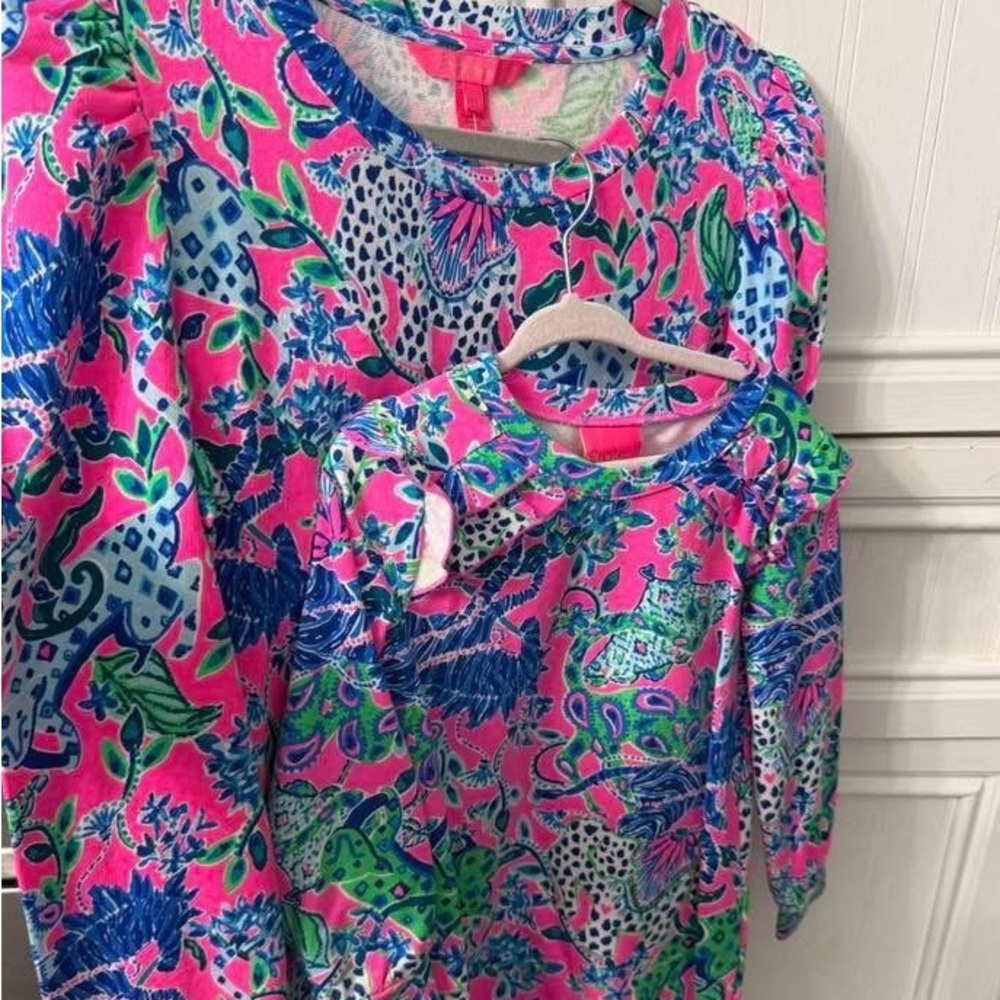 Lilly Pulitzer Pink Multi Floral Print Women Dress and girls toddler set